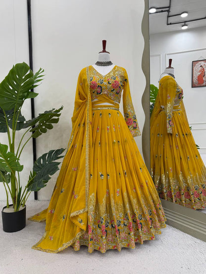 Yellow Color Georgette Designs For Wedding Lehenga Choli