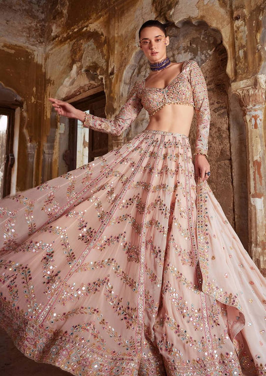 Bridal Wear Paper Mirror Work Peach Color Lehenga Set