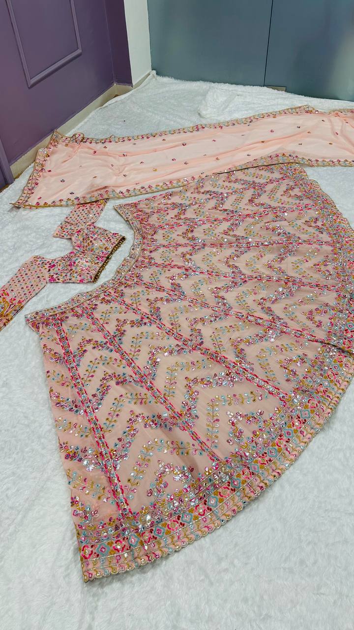 Paper Mirror Work Peach Color Marriage Special Lehenga Set