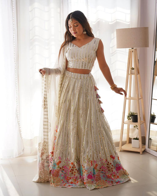Heavy Multi Sequence Work White Color Lehenga Choli