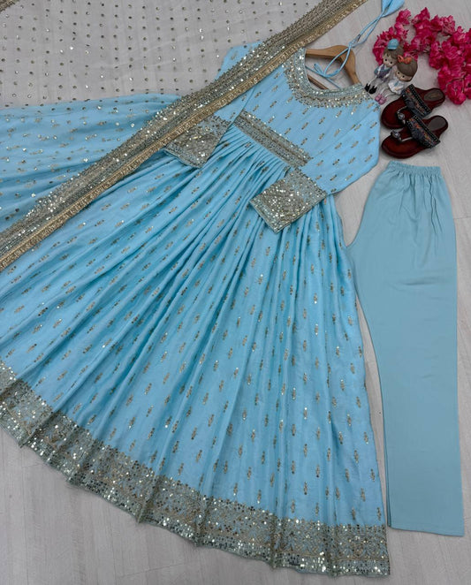 Wonderful Heavy Work Sky Blue Color Gown