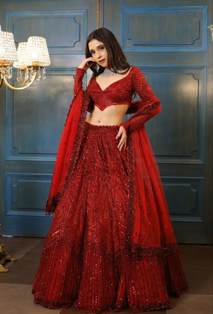 Thread Embroidery Work Red Color Bridal Wear Lehenga Set