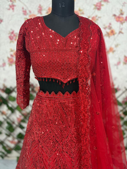 Thread Embroidery Work Red Color Bridal Wear Lehenga Set