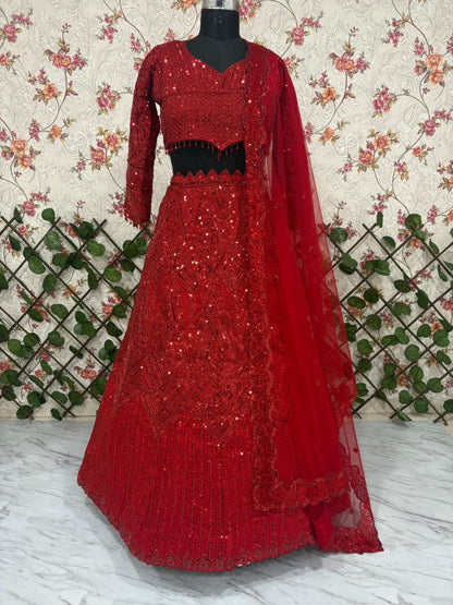 Thread Embroidery Work Red Color Bridal Wear Lehenga Set
