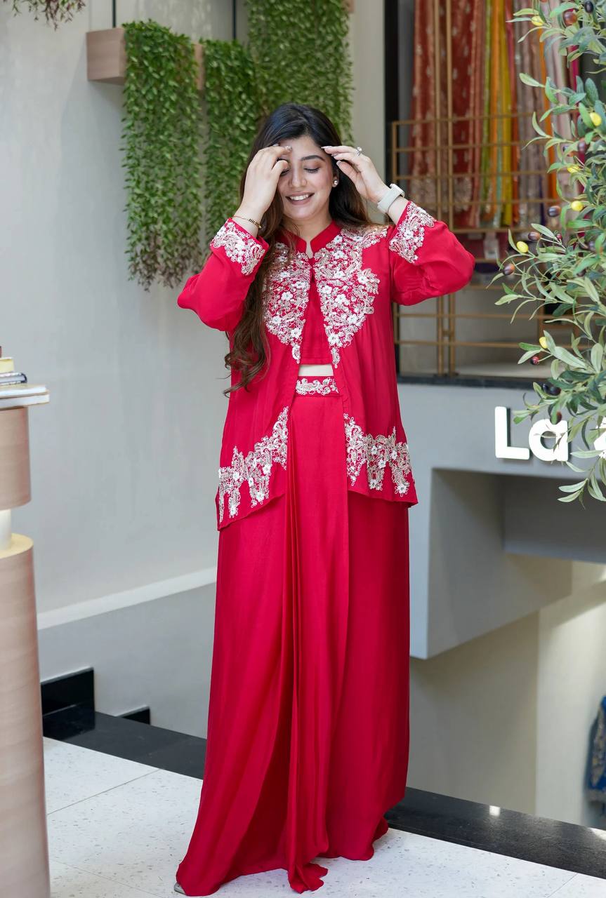 Adorable Red Color Embroidery Work Dhoti Suit With Koti