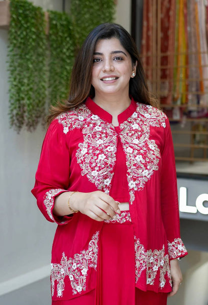 Adorable Red Color Embroidery Work Dhoti Suit With Koti