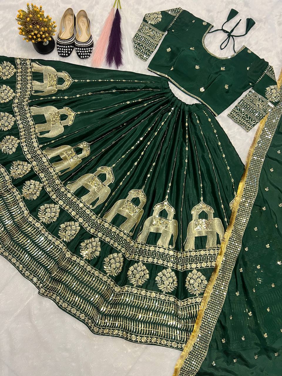 Green Color Heavy Work Bridal Wear Lehenga Set