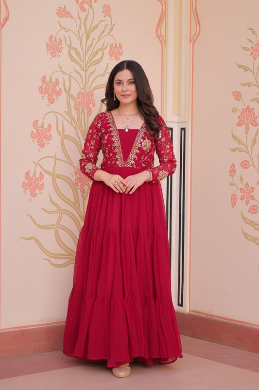 Rani Pink Color Sequence Work V Neck Designer Gown