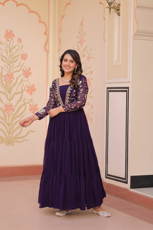 Purple Color Sequence Work V Neck Designer Gown