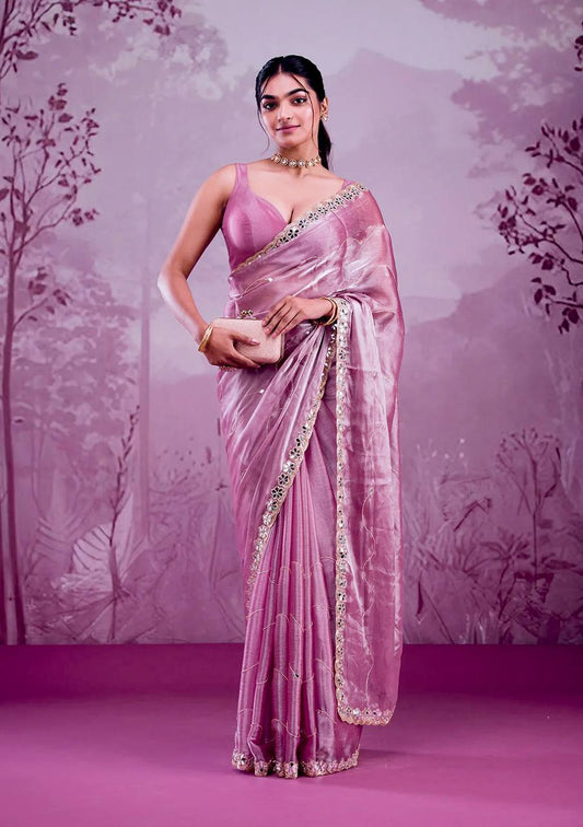 Lavender Color Embroidered Mirror Work Designer Saree