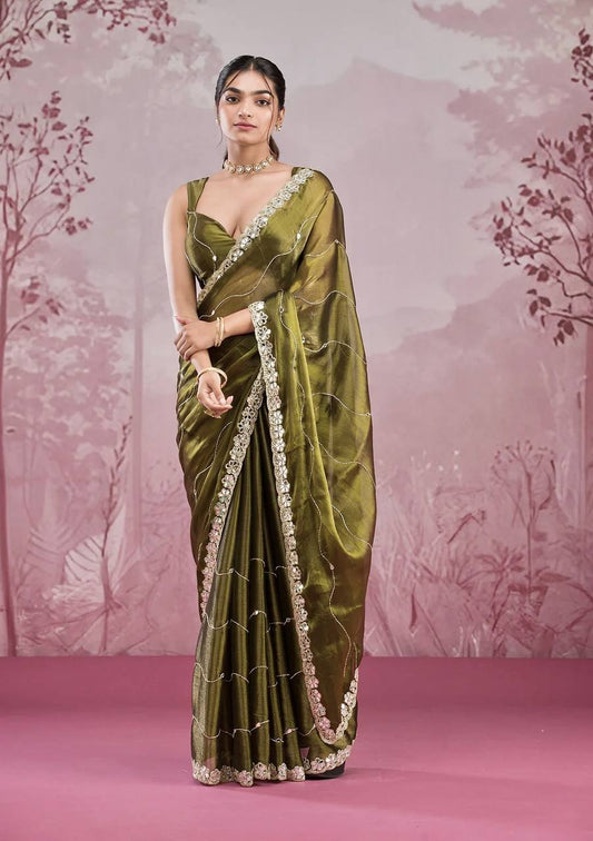 Mehndi Color Embroidered Mirror Work Designer Saree