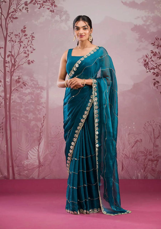 Teal Blue Color Embroidered Mirror Work Designer Saree