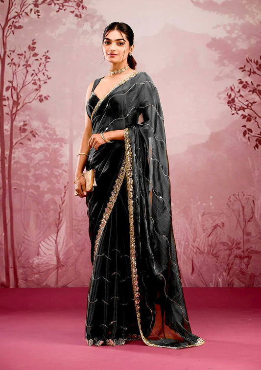 Black Color Embroidered Mirror Work Designer Saree