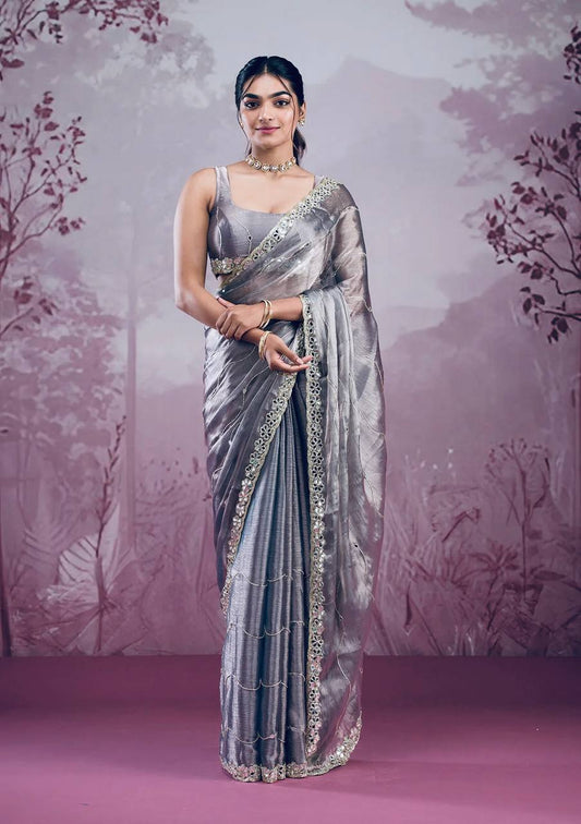 Gray Color Embroidered Mirror Work Designer Saree