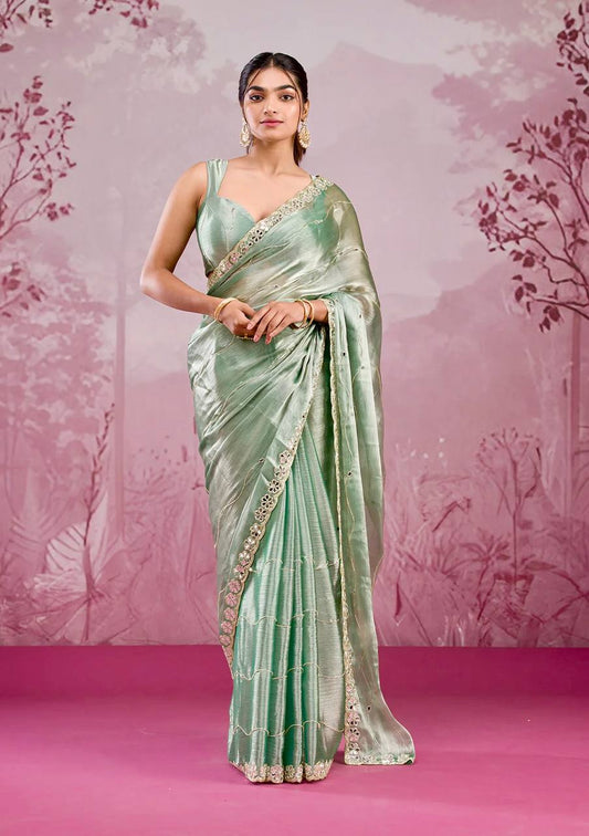 Pista Color Embroidered Mirror Work Designer Saree