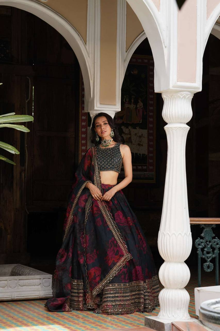 Black Color Printed Glorious Organza Lehenga Choli
