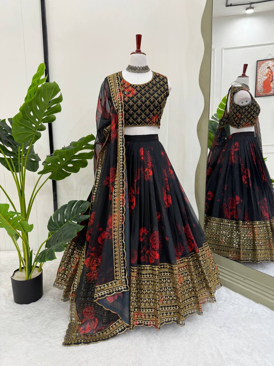 Black Color Printed Glorious Organza Lehenga Choli
