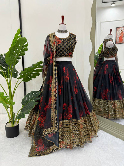 Black Color Printed Glorious Organza Lehenga Choli