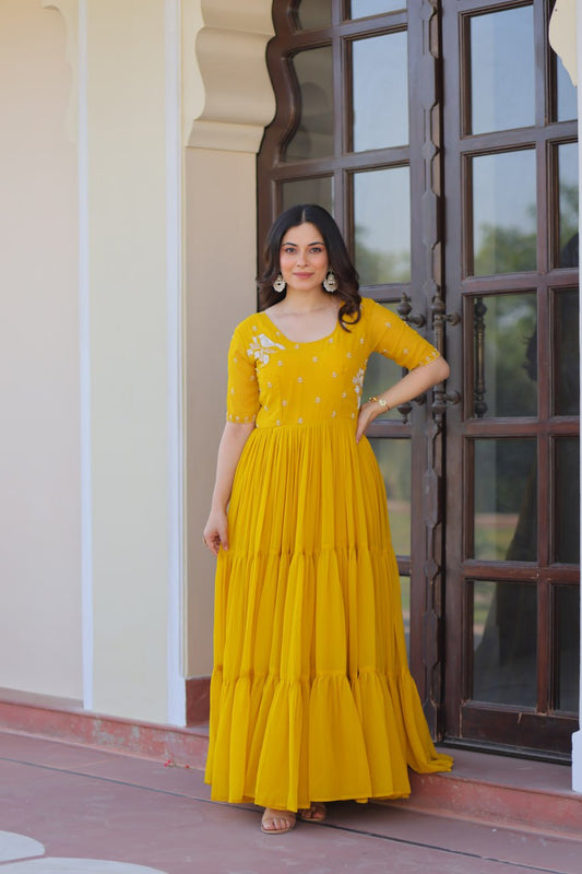 Yellow Color Beads Embroidery Work Alluring Gown