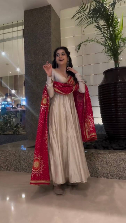 Roman Silk White Color Gown With Printed Dupatta