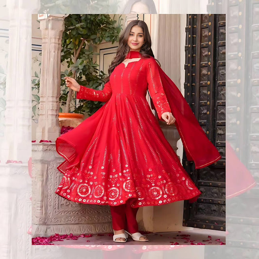 Red Color Embroidery Work Wonderful Anarkali Gown