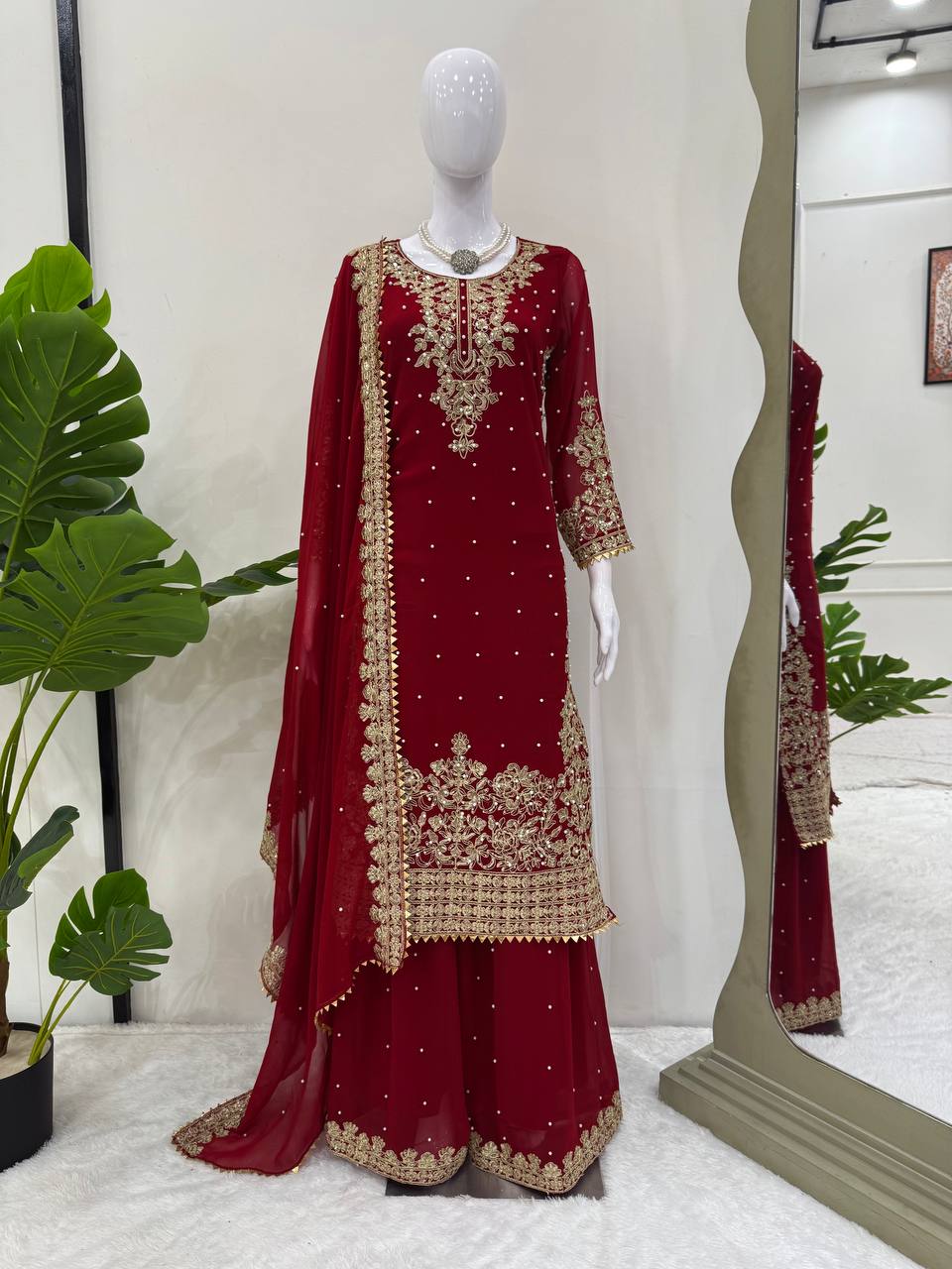 Red Georgette Sequence Work Fantastic Palazzo Suit