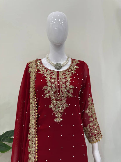 Red Georgette Sequence Work Fantastic Palazzo Suit