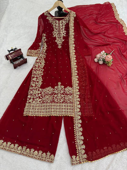 Red Georgette Sequence Work Fantastic Palazzo Suit