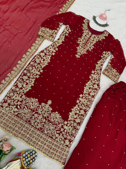 Red Georgette Sequence Work Fantastic Palazzo Suit