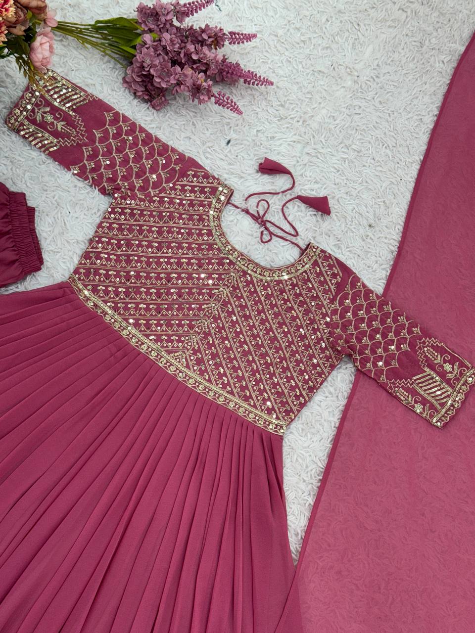 Embroidery With Sequence Work Pink Color Designer Gown
