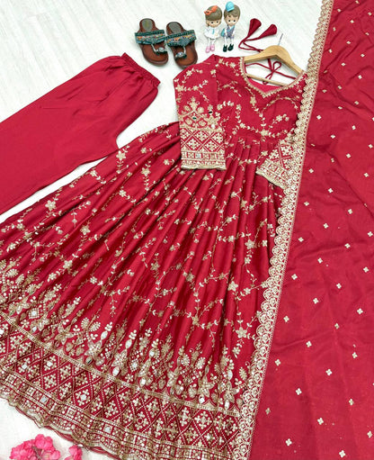 Outstanding Sequence Work Red Color Anarkali Gown
