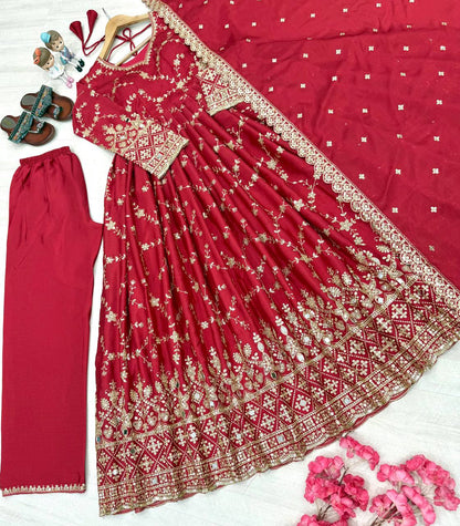 Outstanding Sequence Work Red Color Anarkali Gown
