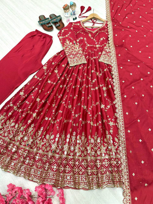 Outstanding Sequence Work Red Color Anarkali Gown