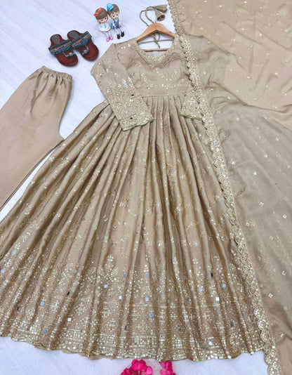 Outstanding Sequence Work Beige Color Anarkali Gown