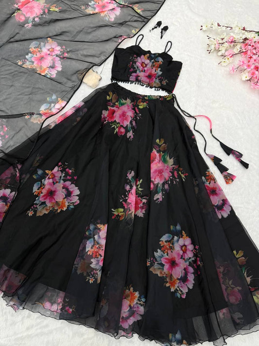 Trendy Black Organza Floral Work Lehenga Choli