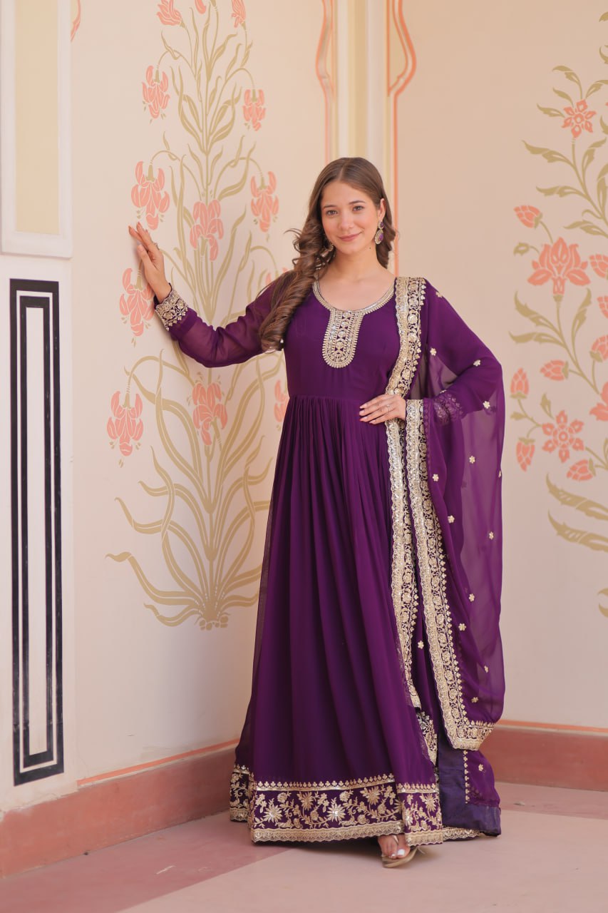 Gorgeous Purple Color Embroidered Event Wear Gown
