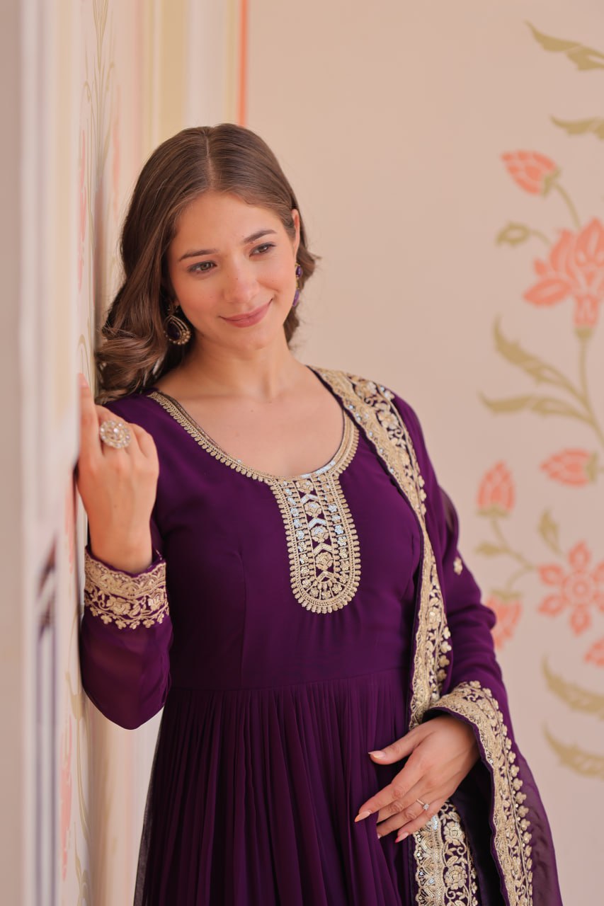 Gorgeous Purple Color Embroidered Event Wear Gown