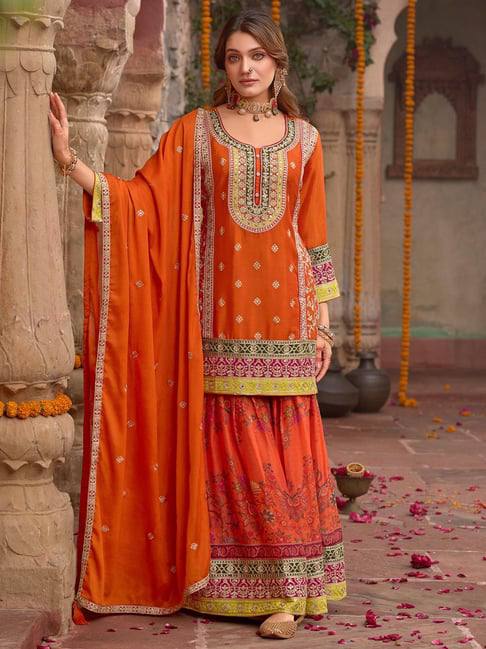 Ravishing Orange Chinon Silk with Mirror Work Sharara Suit