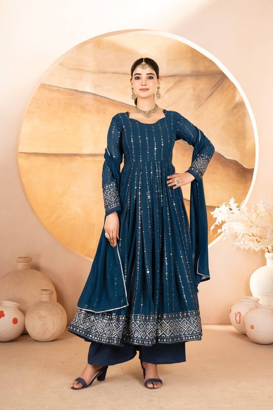 Ravishing Rama Blue Faux Blooming Work Anarkali Suit With Palazzo