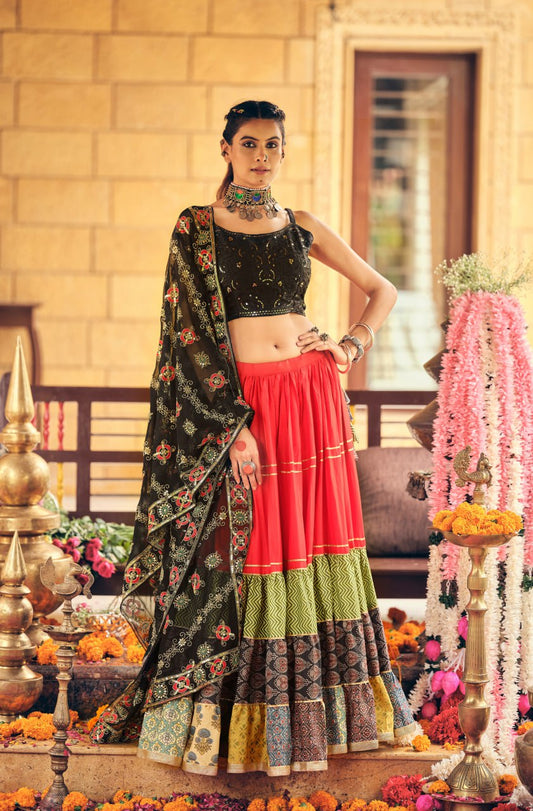 Fabulous Red Cotton Print Work Lehenga Choli