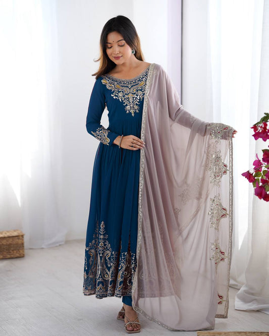 Imposing Teal Blue Color Gown With White Dupatta