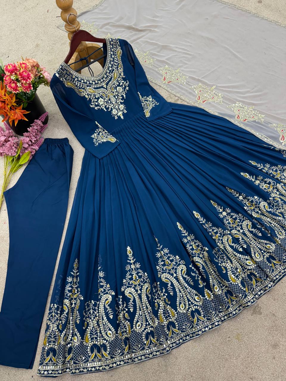 Imposing Teal Blue Color Gown With White Dupatta