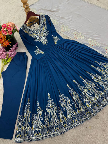 Imposing Teal Blue Color Gown With White Dupatta
