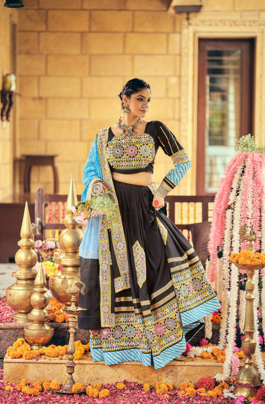 Stylish Black Rayon Embroidery Work Lehenga Choli
