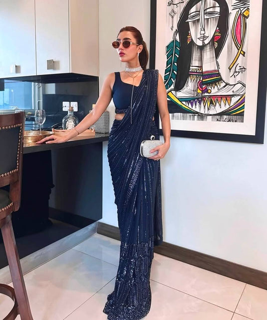 Glimmering Navy Blue Georgette Thread Work Saree