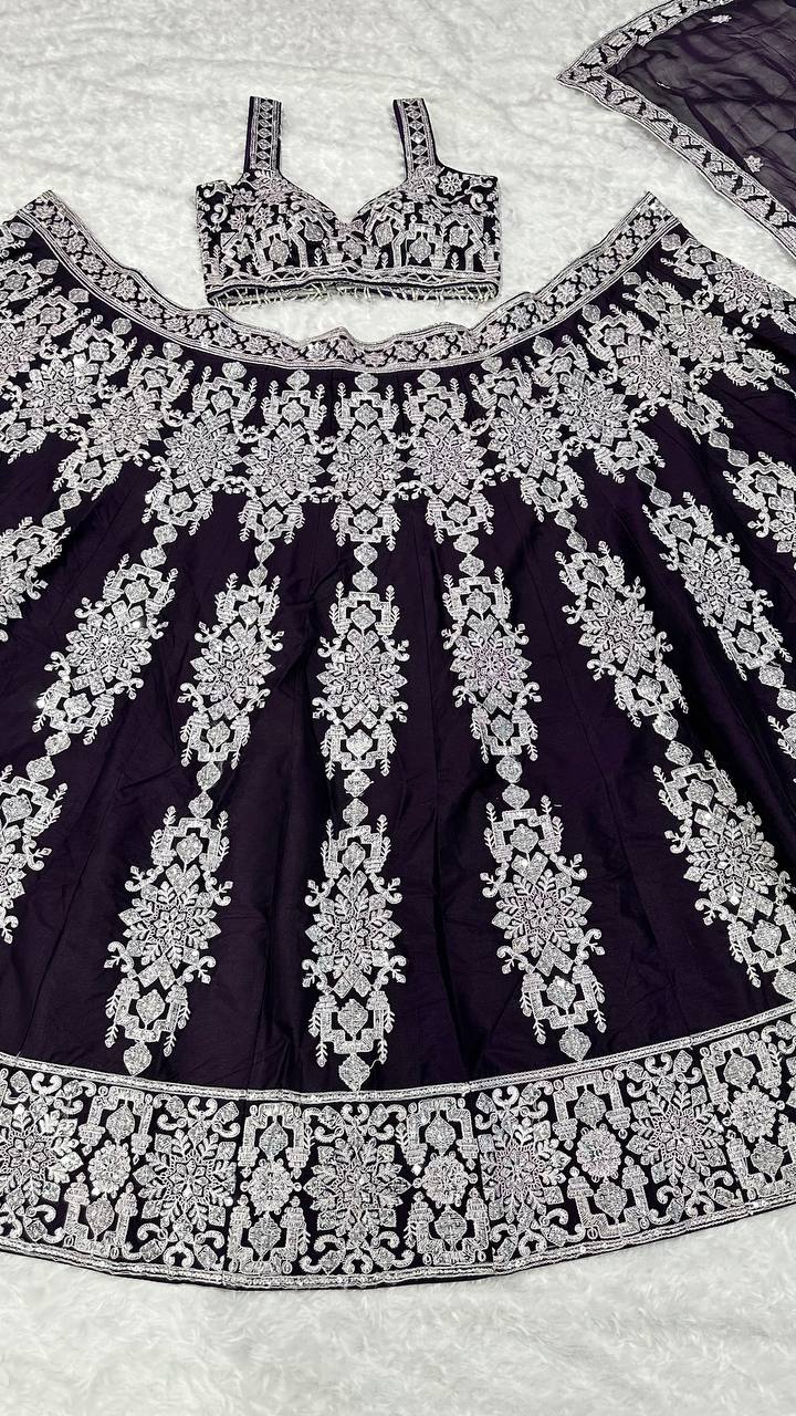 Wedding Collection Dark Violet Color Silk Thread Work Lehenga Choli