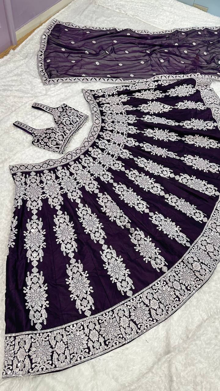 Wedding Collection Dark Violet Color Silk Thread Work Lehenga Choli