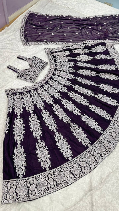 Wedding Collection Dark Violet Color Silk Thread Work Lehenga Choli