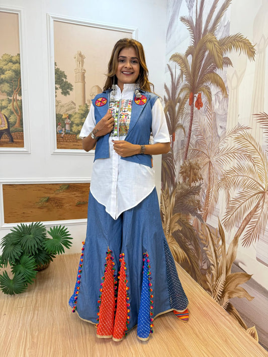 Navratri Wear Blue Cotton With Embroidery Work Koti With Palazzo