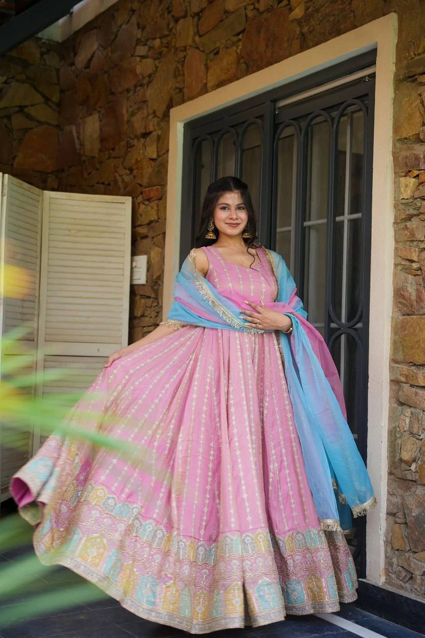 Beautiful Pink Organza Digital Printed Anarkali Gown